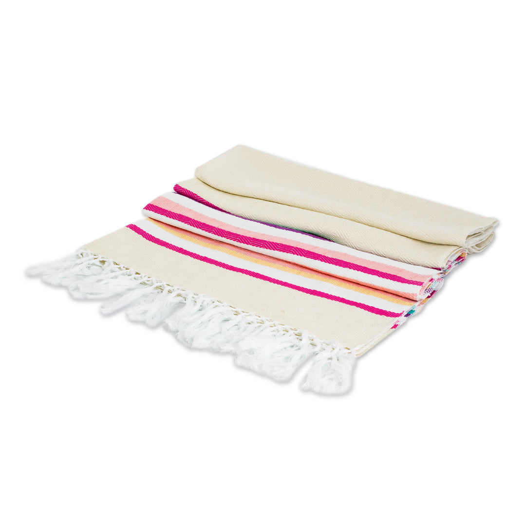 Handloomed Ivory Cotton Shawl with Colorful Stripes - Dulcet Aurora