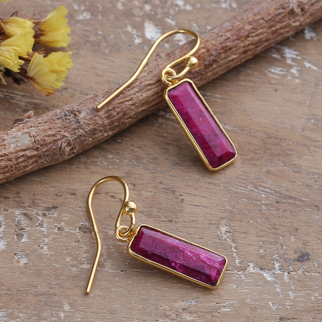 18k Gold-Plated Dangle Earrings with Ruby Gems from India - Vibrant Glam