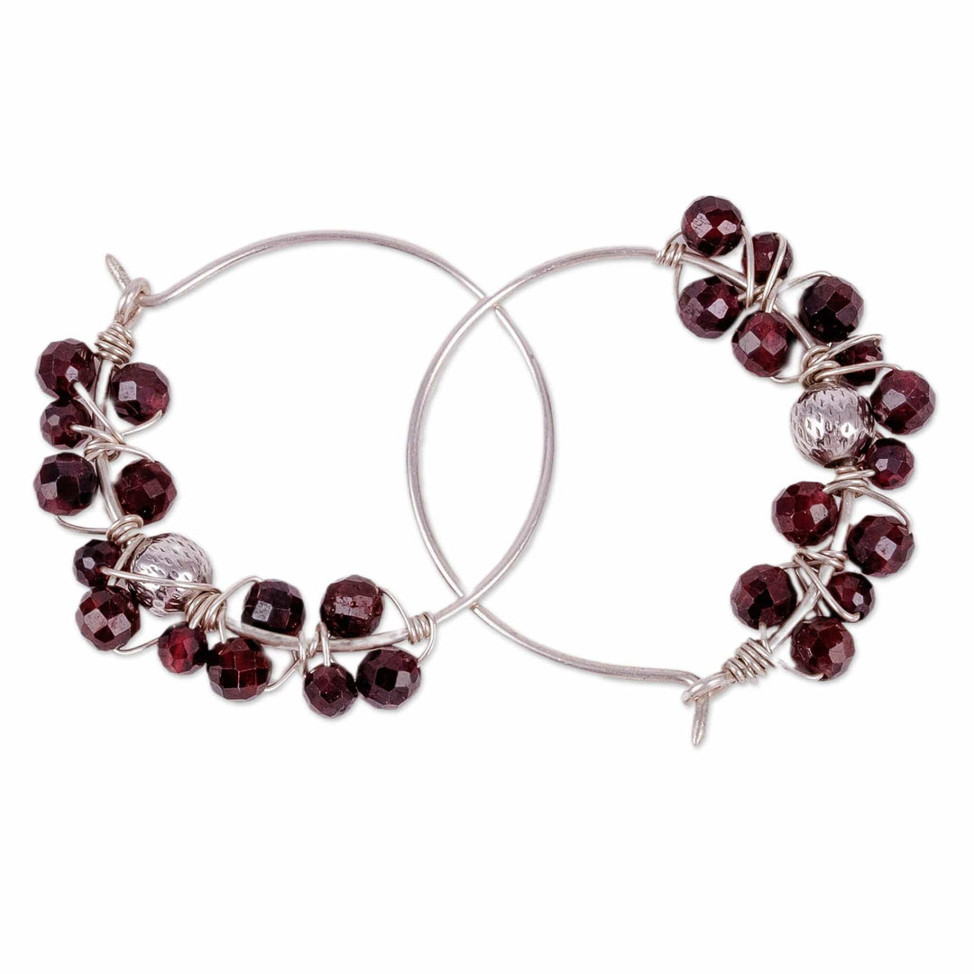 Sterling Silver and Natural Garnet Beaded Hoop Earrings - Passionate Bubbles