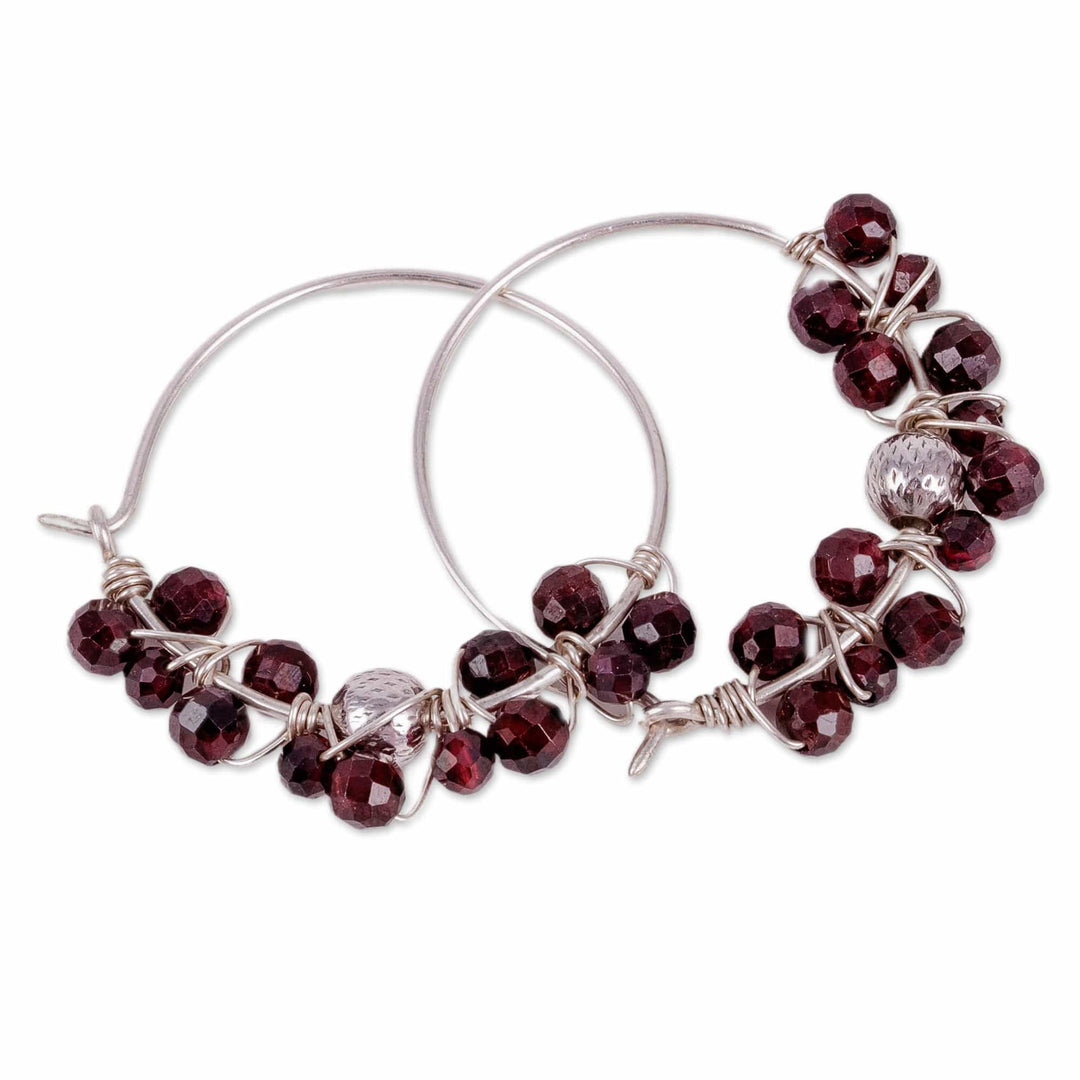 Sterling Silver and Natural Garnet Beaded Hoop Earrings - Passionate Bubbles
