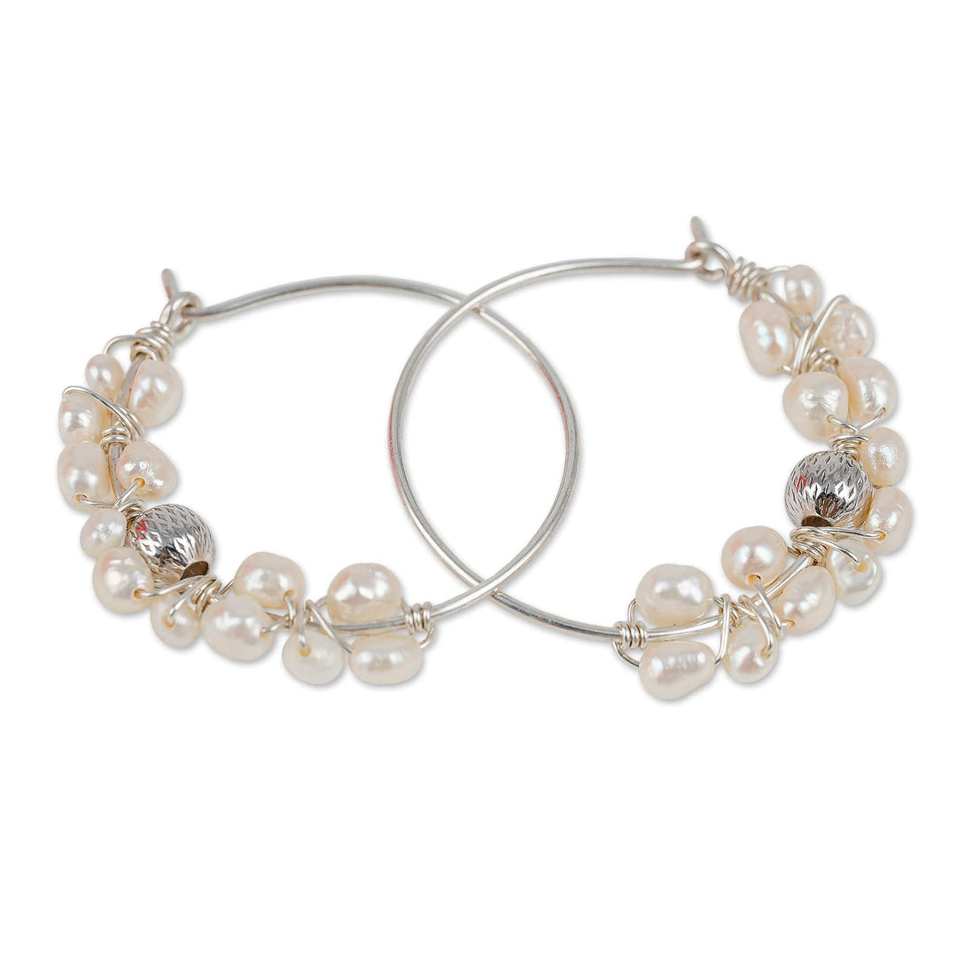 Sterling Silver and Cream Pearl Beaded Hoop Earrings - Celestial Bubbles