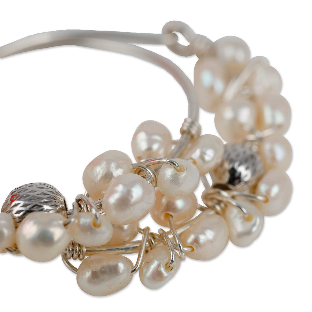 Sterling Silver and Cream Pearl Beaded Hoop Earrings - Celestial Bubbles