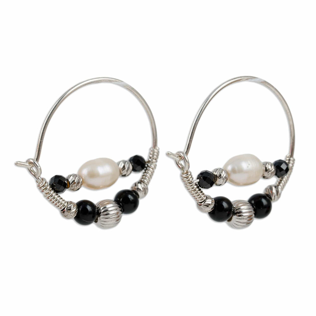 Cultured Pearl and Natural Obsidian Beaded Hoop Earrings - Triumphant Me