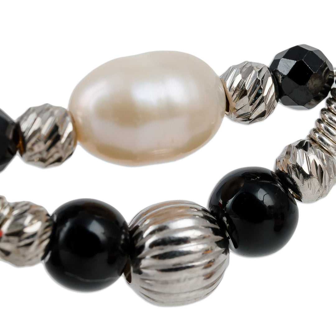 Cultured Pearl and Natural Obsidian Beaded Hoop Earrings - Triumphant Me