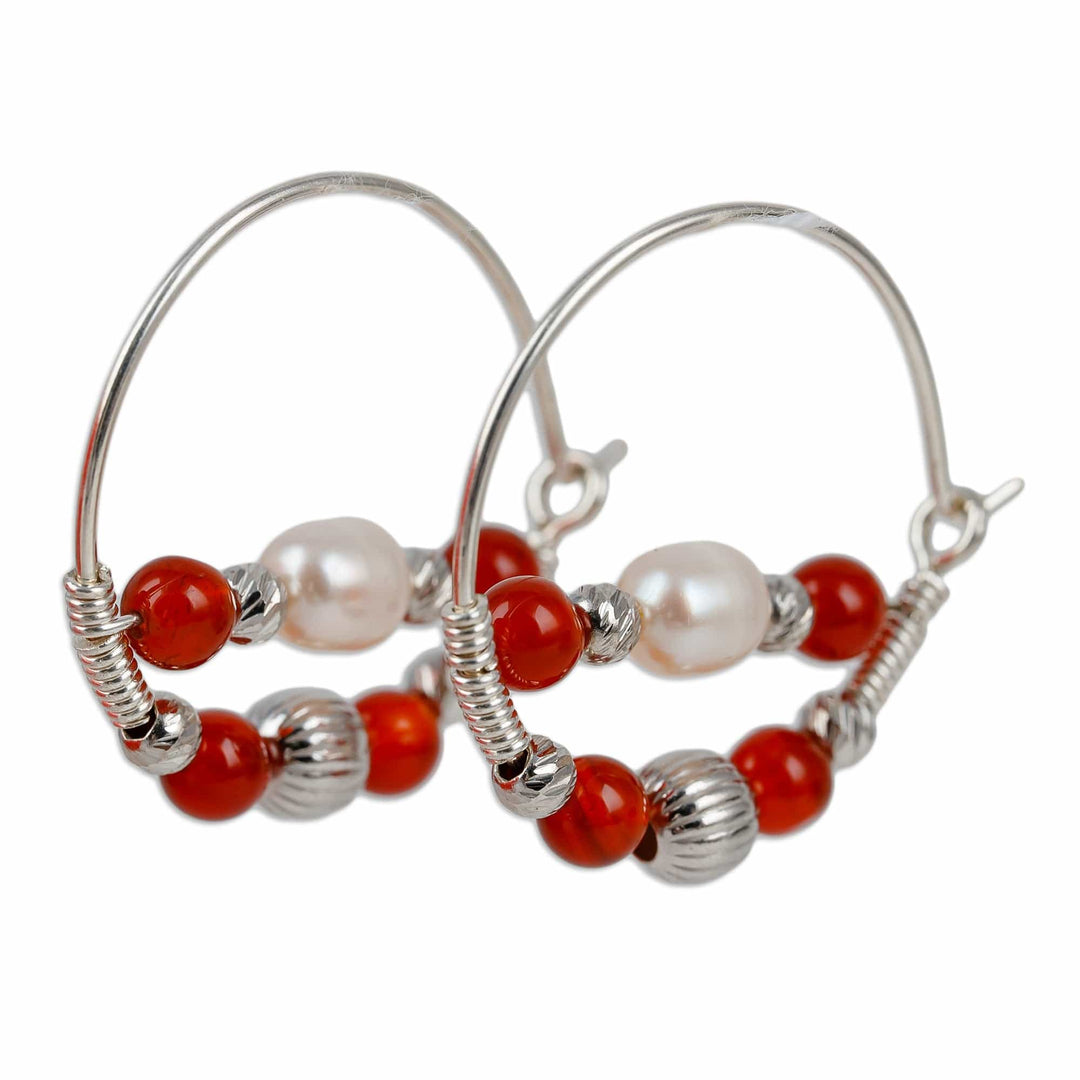 Cultured Pearl and Natural Carnelian Beaded Hoop Earrings - Courageous Me