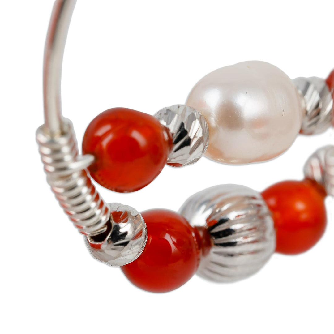 Cultured Pearl and Natural Carnelian Beaded Hoop Earrings - Courageous Me