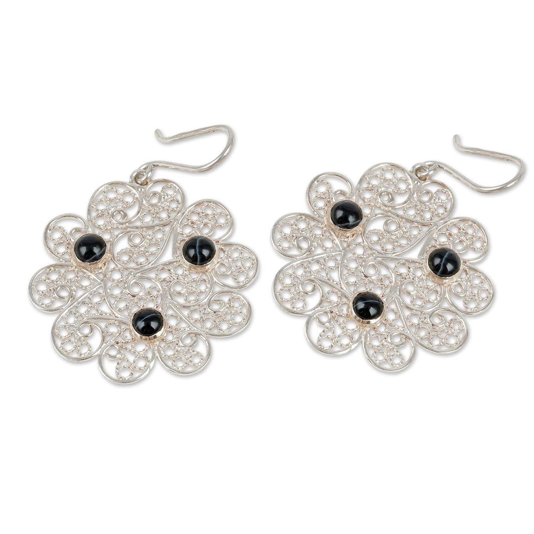 Floral Filigree Dangle Earrings with Black Agate Cabochons - Mysterious Madame
