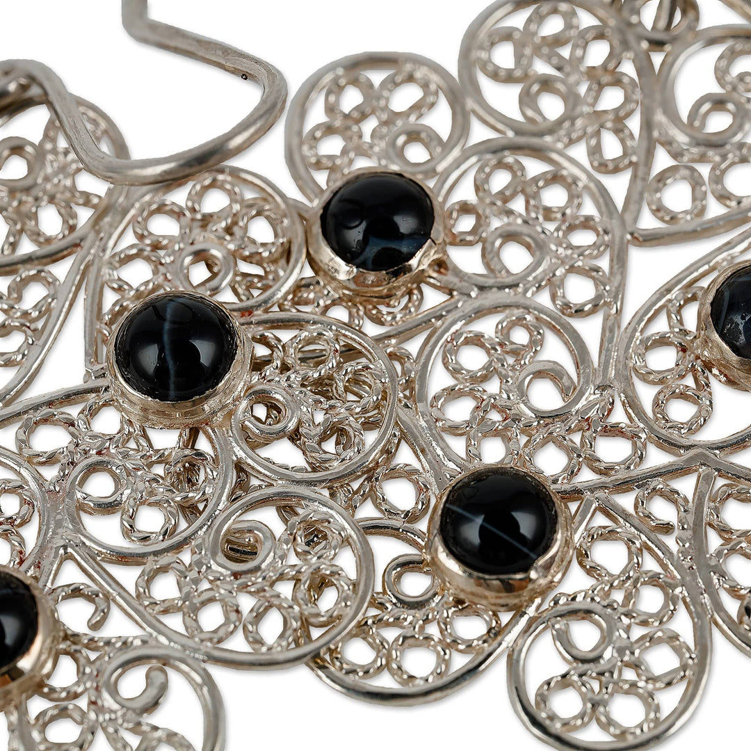 Floral Filigree Dangle Earrings with Black Agate Cabochons - Mysterious Madame