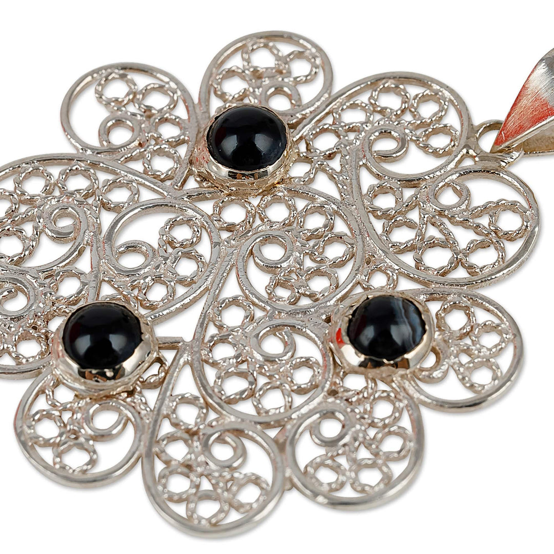 Floral Filigree Pendant Necklace with Black Agate Cabochons - Mysterious Madame