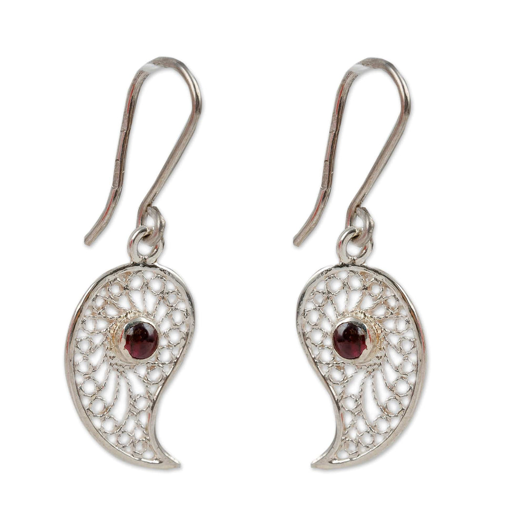 Polished Paisley-Shaped Garnet Filigree Dangle Earrings - Passion at the Palace