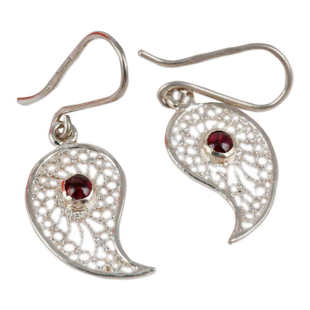 Polished Paisley-Shaped Garnet Filigree Dangle Earrings - Passion at the Palace