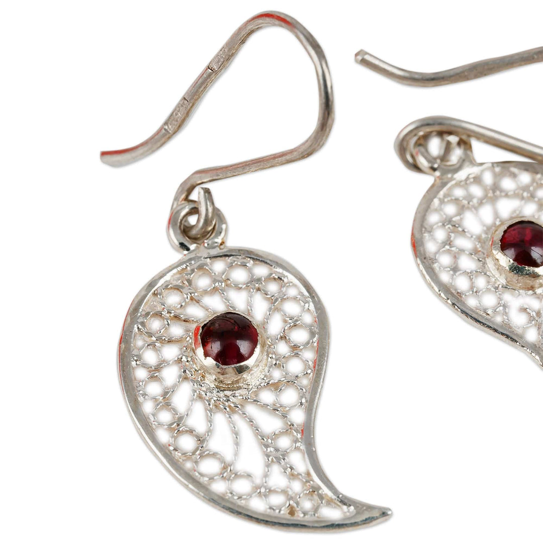 Polished Paisley-Shaped Garnet Filigree Dangle Earrings - Passion at the Palace
