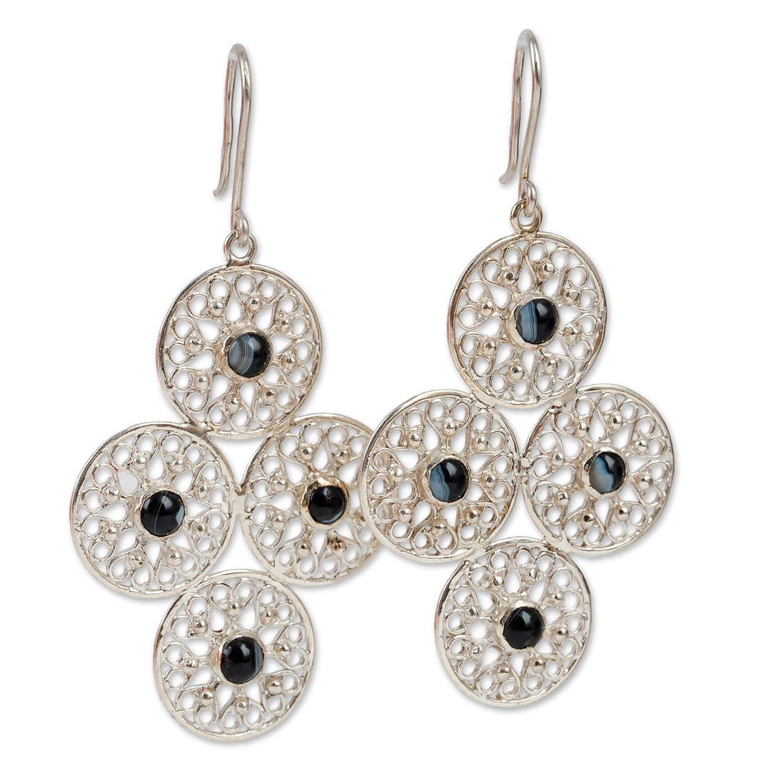 Heart-Themed Black Agate Sterling Silver Dangle Earrings - Silk Road's Romance