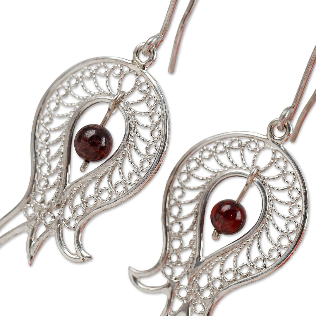 Polished Pomegranate-Shaped Garnet Filigree Dangle Earrings - Passion at the Forest