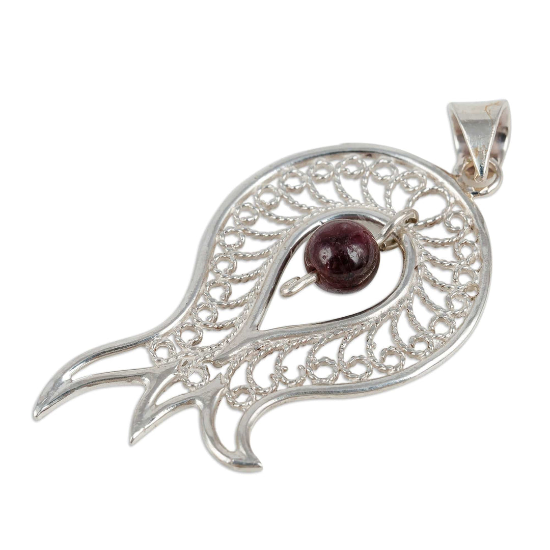 Garnet Sterling Silver Filigree Pomegranate Pendant Necklace - Passion at the Forest