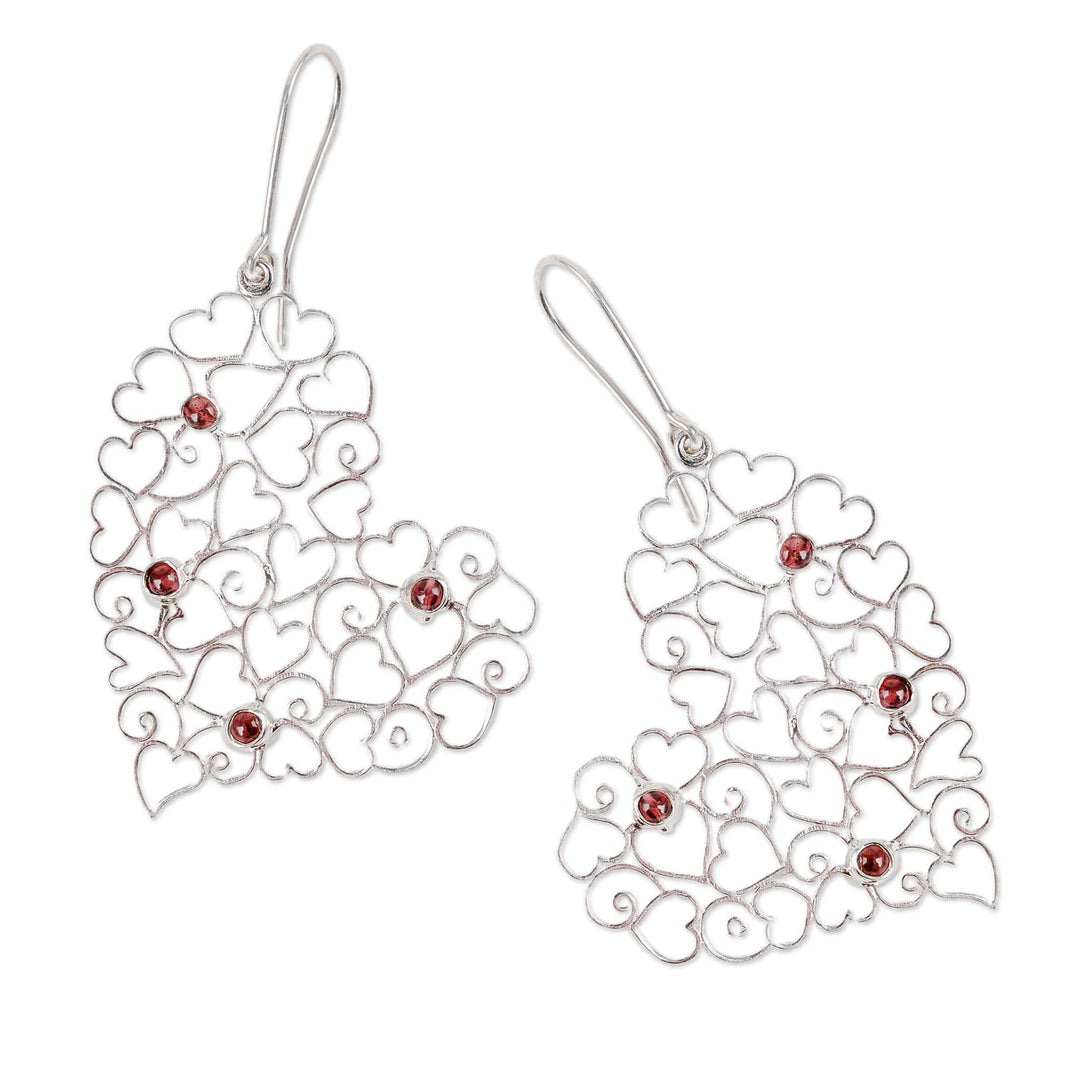 Garnet 925 Silver Heart Dangle Earrings with Openwork Accent - Heart Tapestry