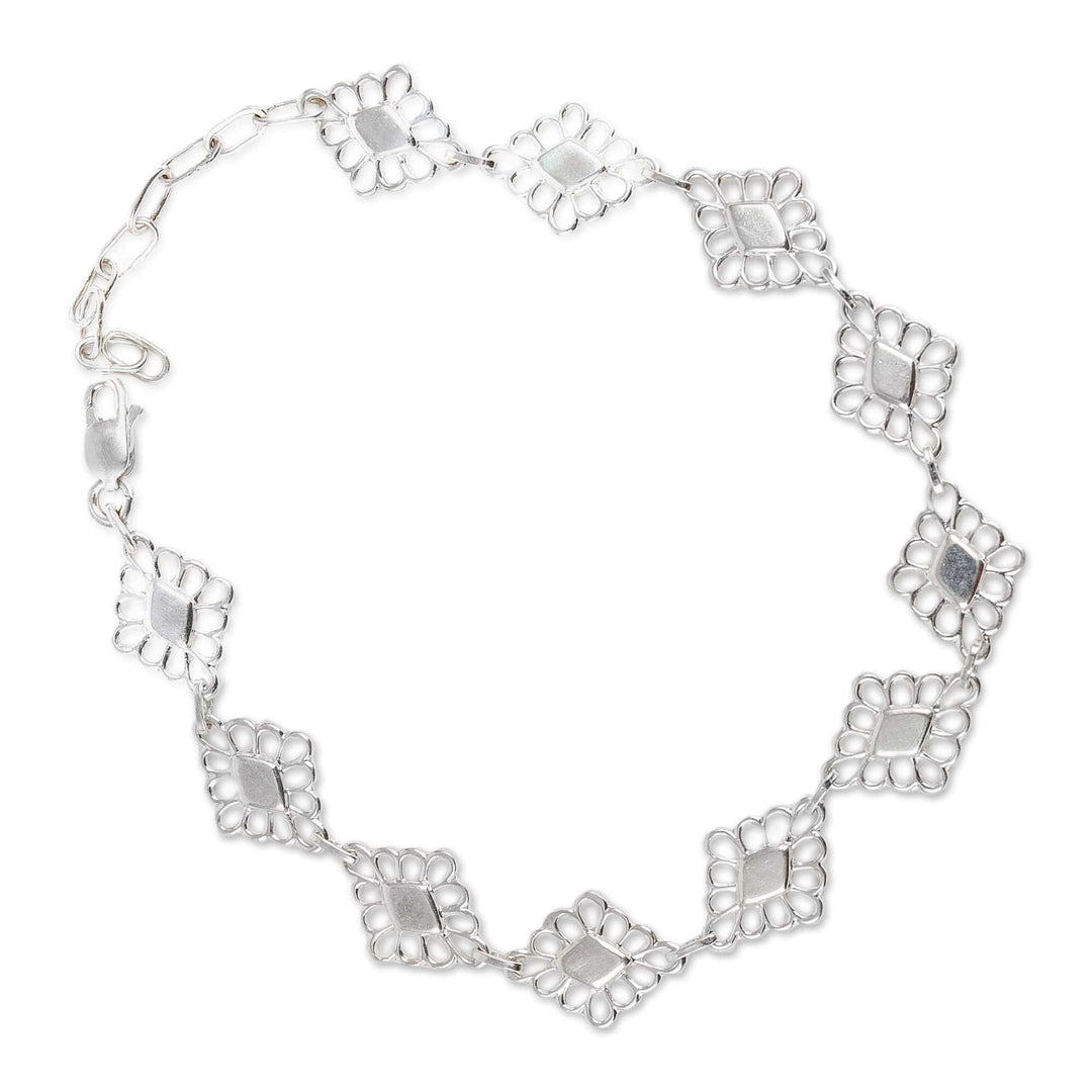 Floral & Geometric-Themed Openwork 925 Silver Link Bracelet - Floral Geometry