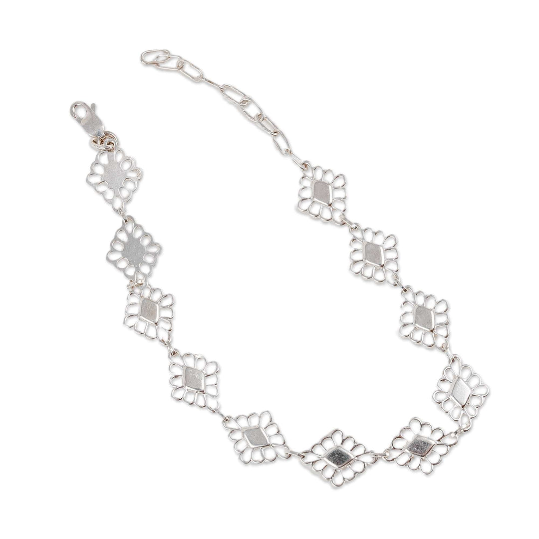 Floral & Geometric-Themed Openwork 925 Silver Link Bracelet - Floral Geometry
