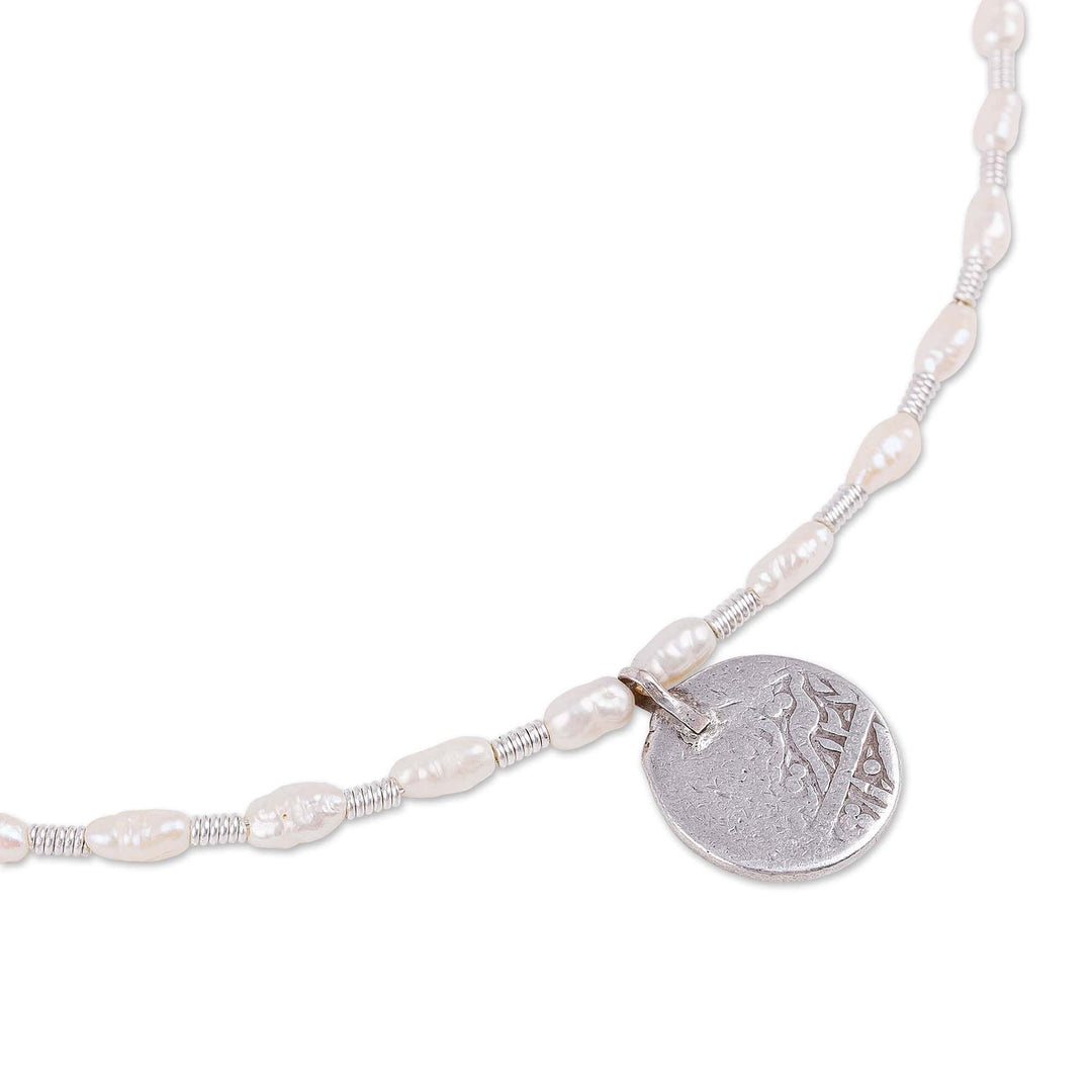 Bukhara Emirate Coin and Biwa Pearl Choker Pendant Necklace - Loyalty from the Road