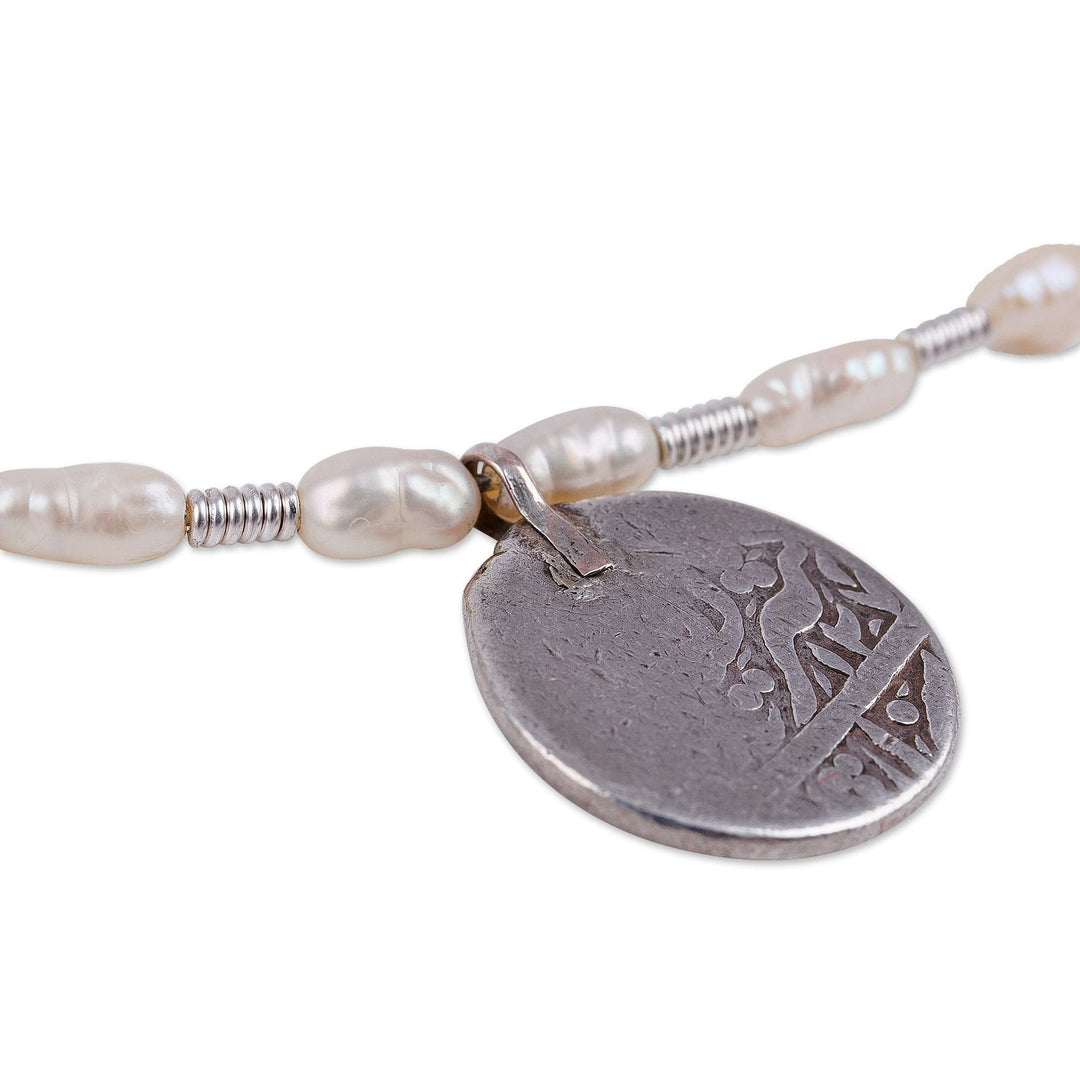 Bukhara Emirate Coin and Biwa Pearl Choker Pendant Necklace - Loyalty from the Road