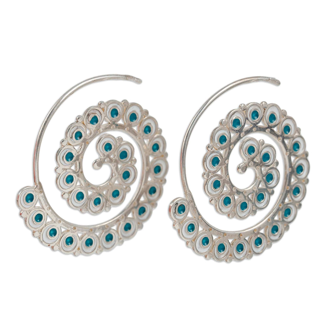 Peacock-Inspired Teal Sterling Silver Half-Hoop Earrings - Uzbekistan's Nimbus