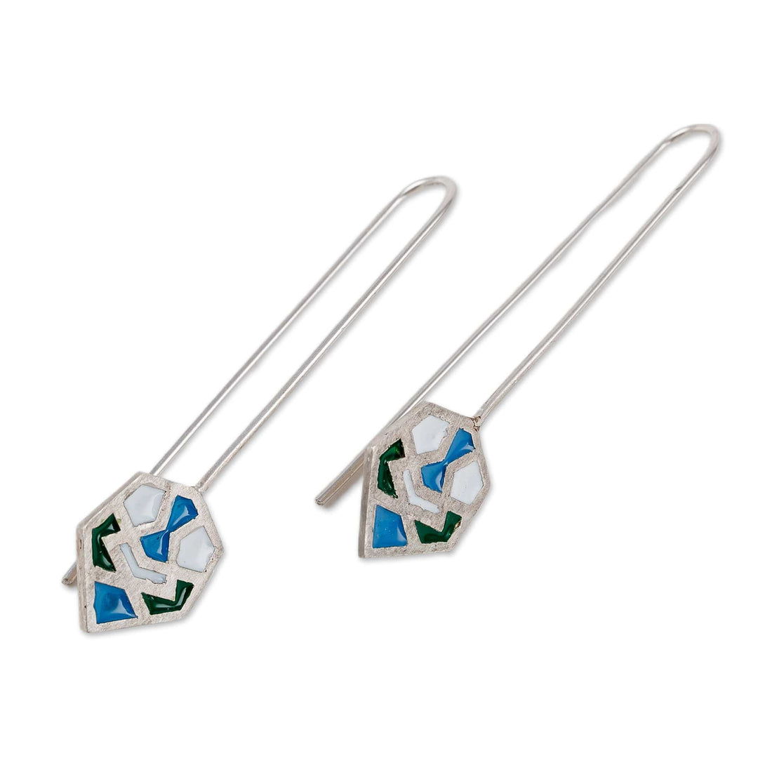 Hand-Painted Mosaic-Style Geometric 925 Silver Drop Earrings - Hexagonal Mosaic