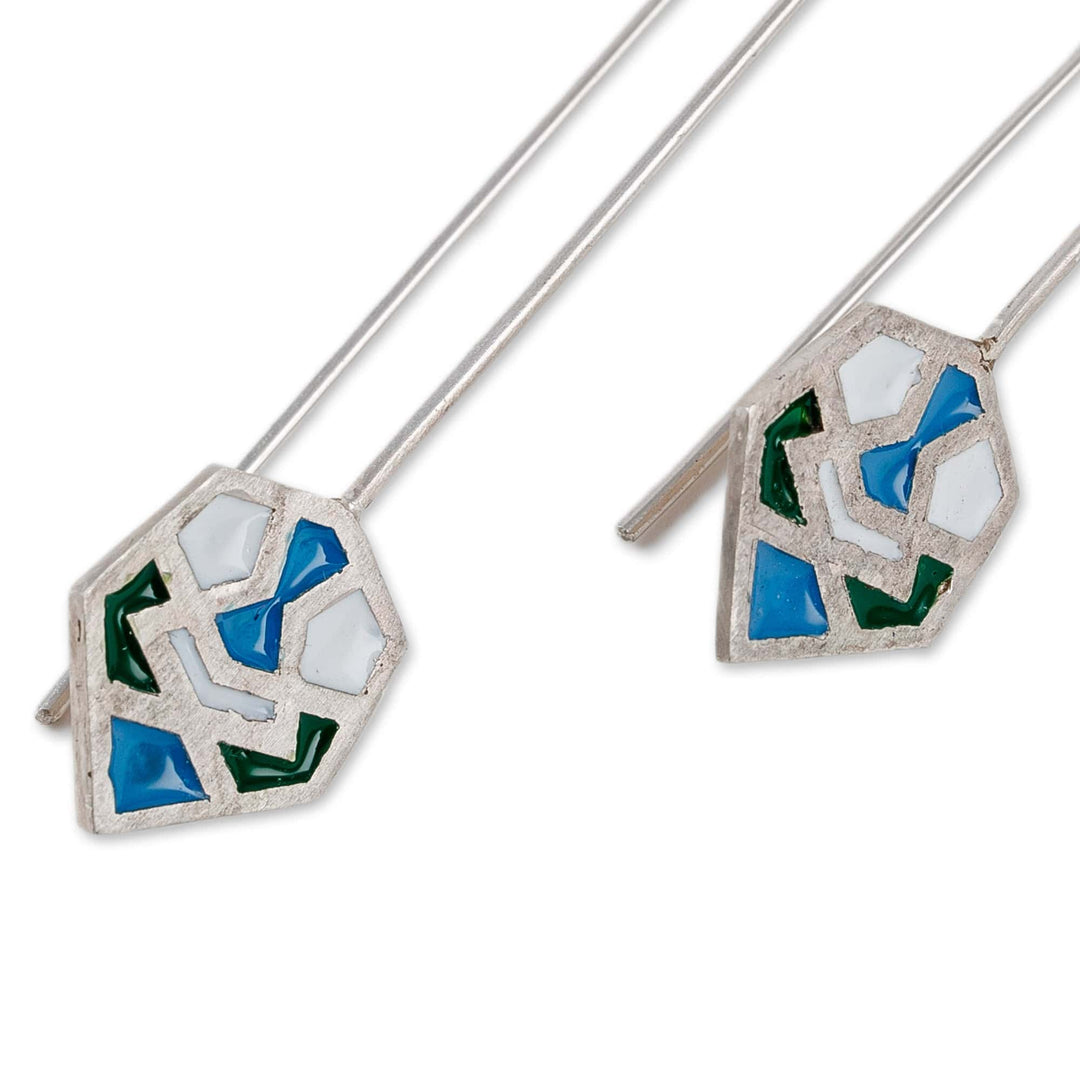 Hand-Painted Mosaic-Style Geometric 925 Silver Drop Earrings - Hexagonal Mosaic