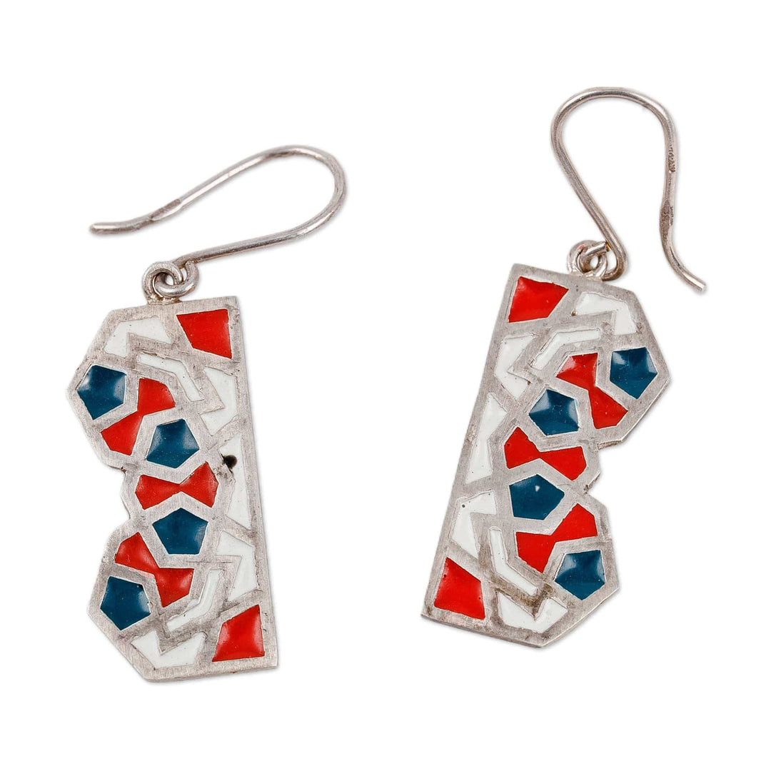 Hand-Painted Mosaic-Style Sterling Silver Dangle Earrings - Abstract Mosaic