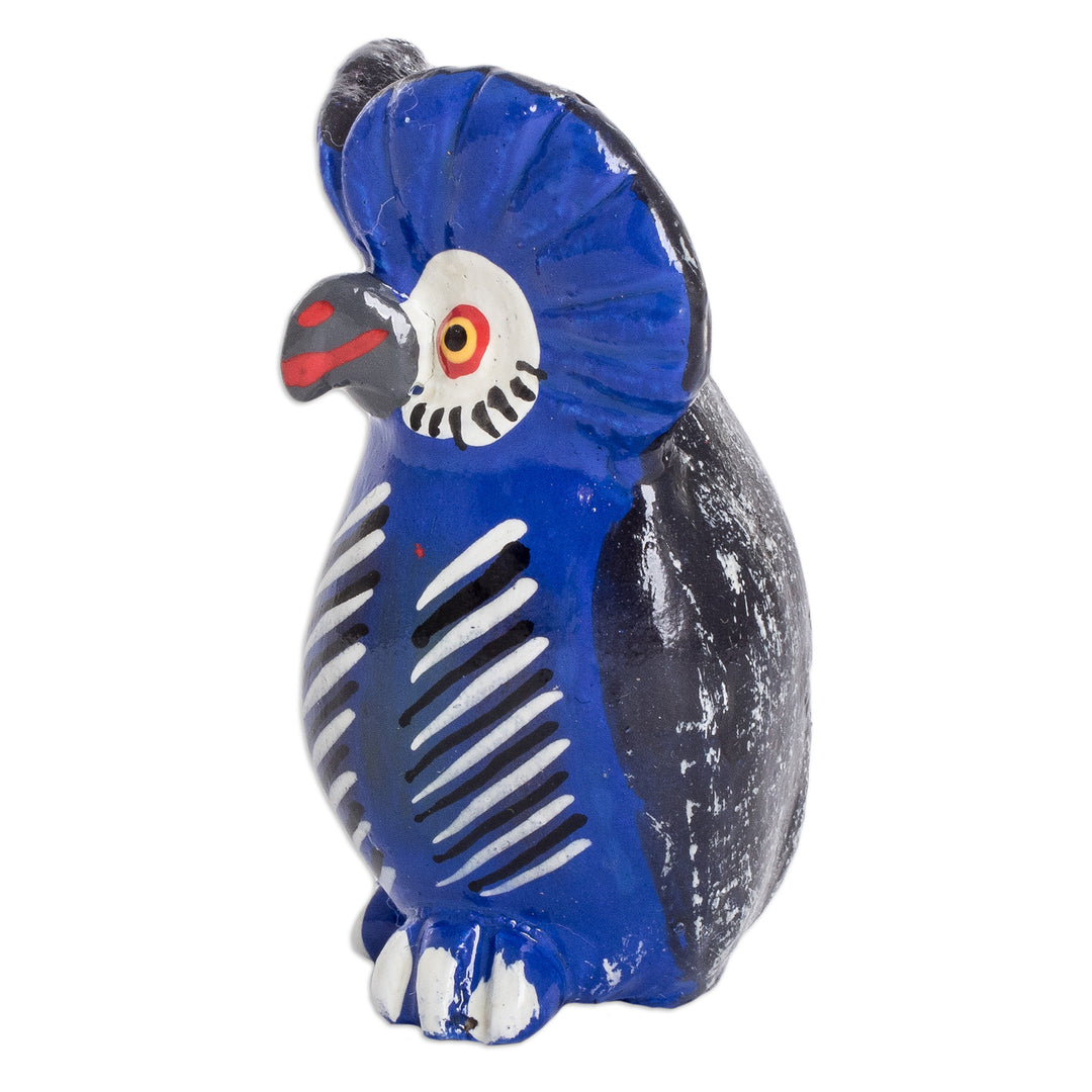 Ceramic Owl Figurine in Blue Hand-Painted in Guatemala - Delightful Tecolote