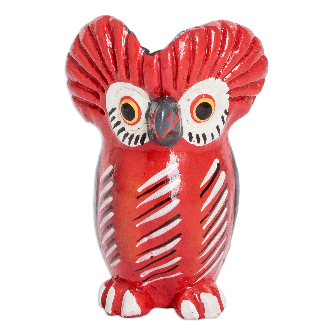 Small Ceramic Owl Figurine in Red Hand-Painted in Guatemala - Vibrant Tecolote