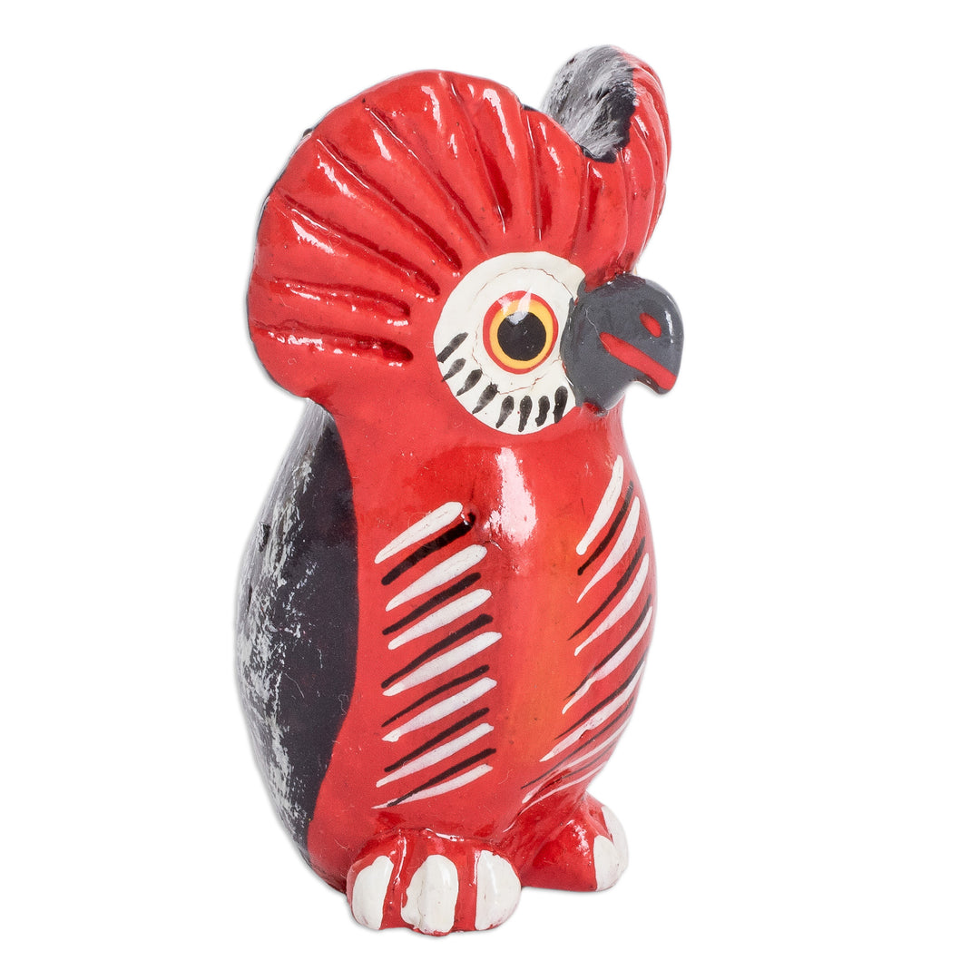 Small Ceramic Owl Figurine in Red Hand-Painted in Guatemala - Vibrant Tecolote
