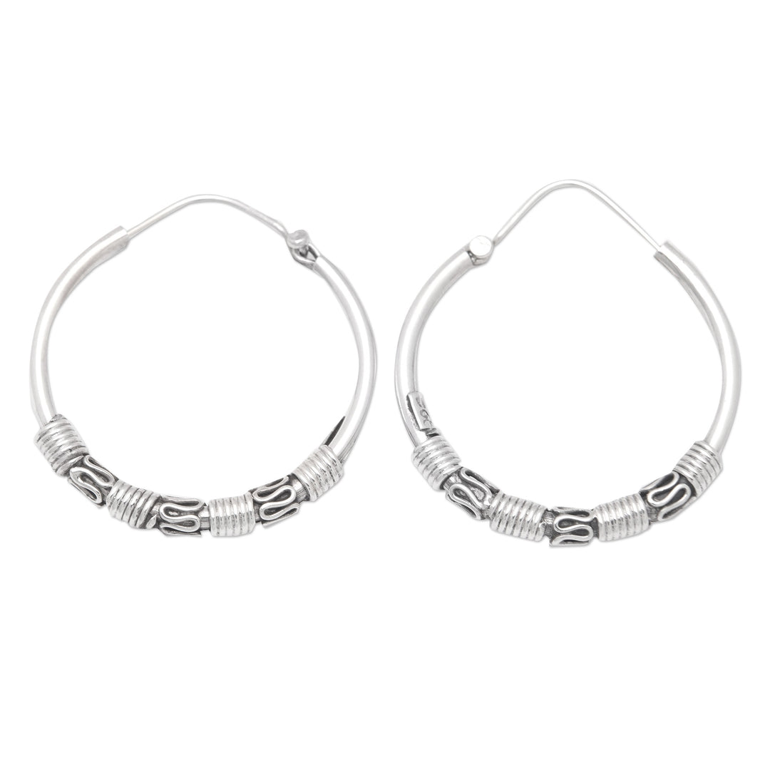 Polished Traditional Sterling Silver Hoop Earrings from Bali - Mystic Cycles