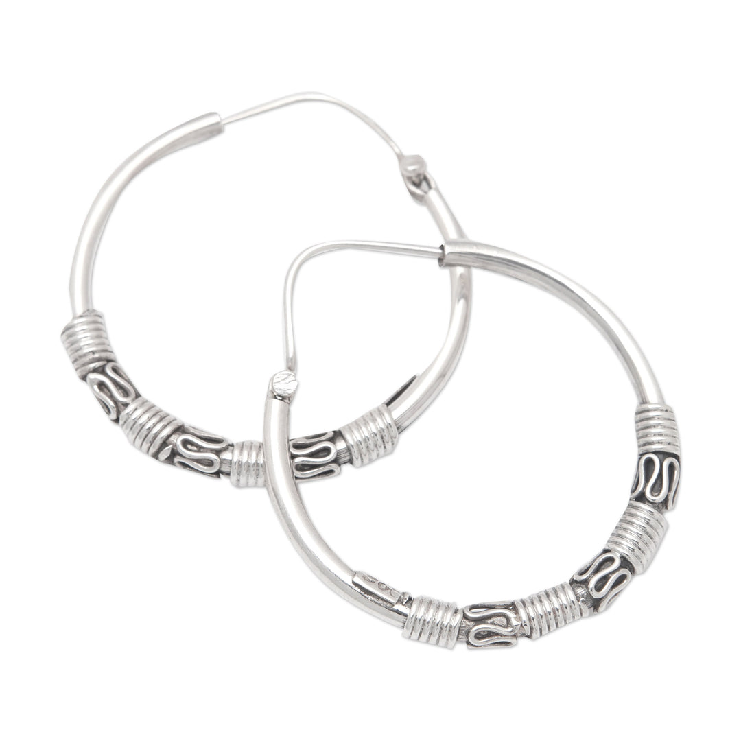 Polished Traditional Sterling Silver Hoop Earrings from Bali - Mystic Cycles