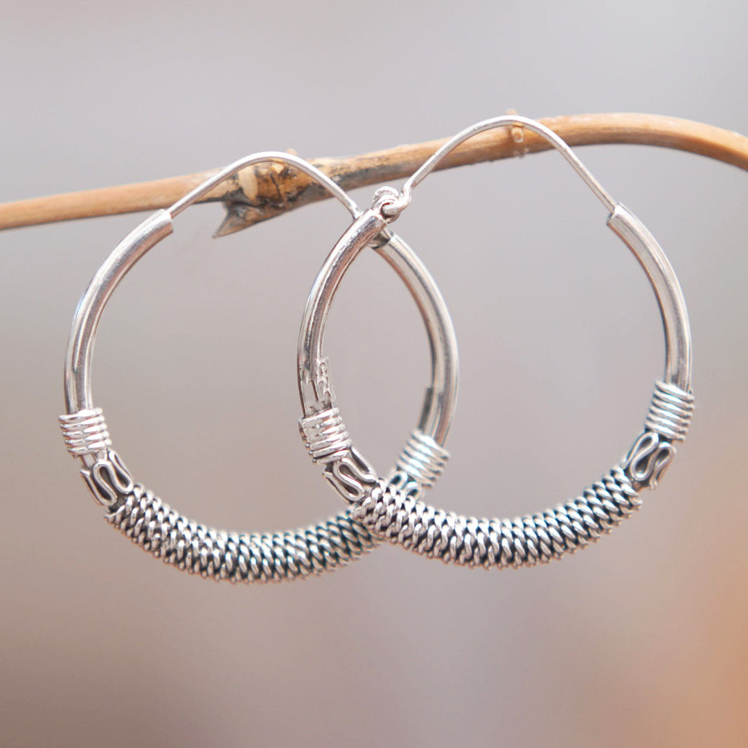 Classic Sterling Silver Hoop Earrings with Braided Accents - Braided Cycles
