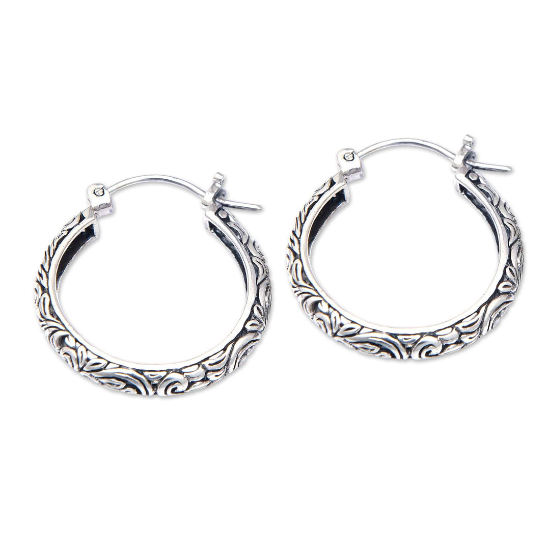 Sterling Silver Hoop Earrings with Leaf Motifs from Bali - Beauty of Paradise