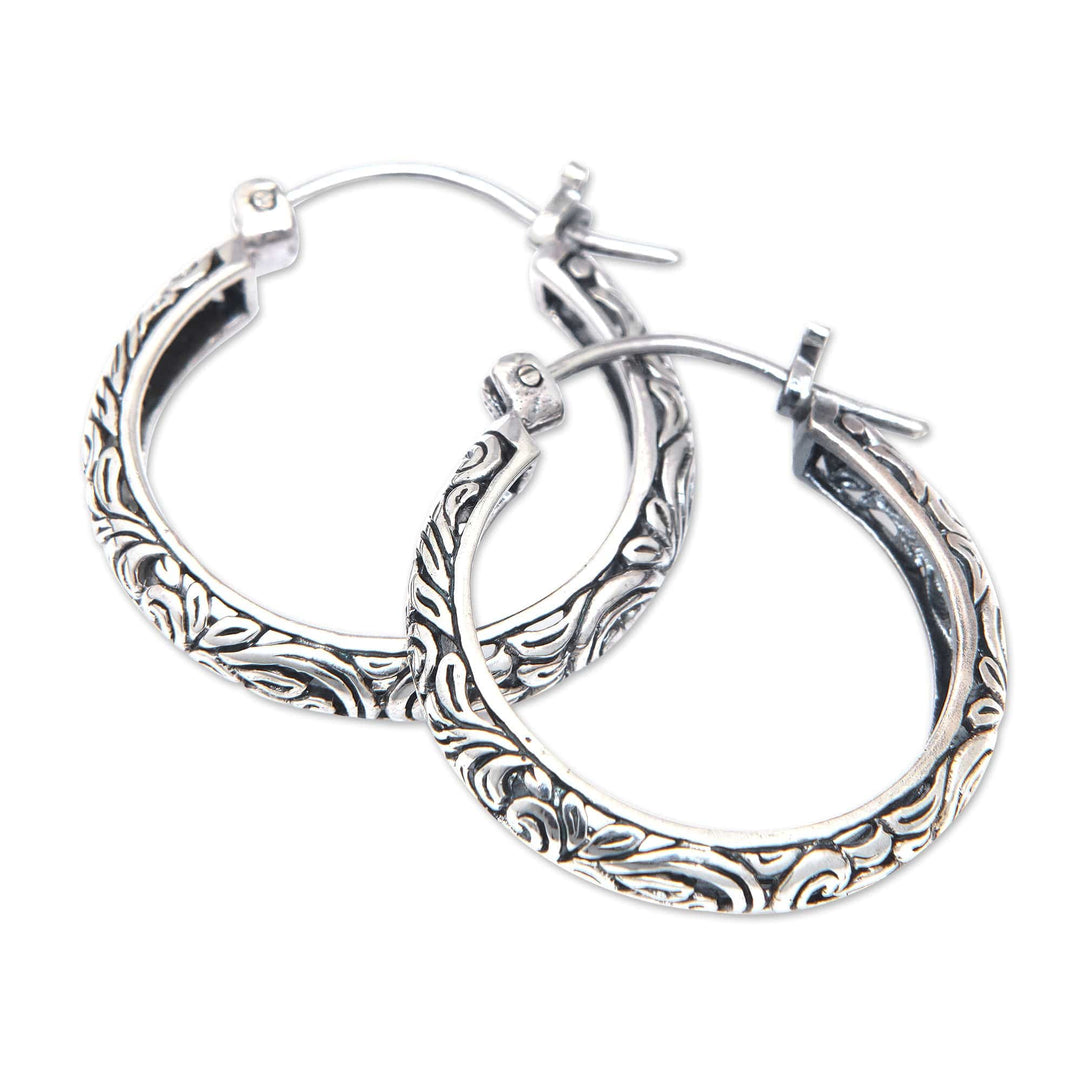 Sterling Silver Hoop Earrings with Leaf Motifs from Bali - Beauty of Paradise