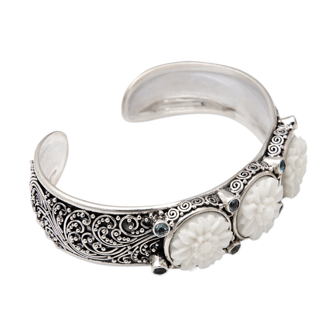 Lotus-Themed Sterling Silver and Blue Topaz Cuff Bracelet - Loyal Lotus for Brahma
