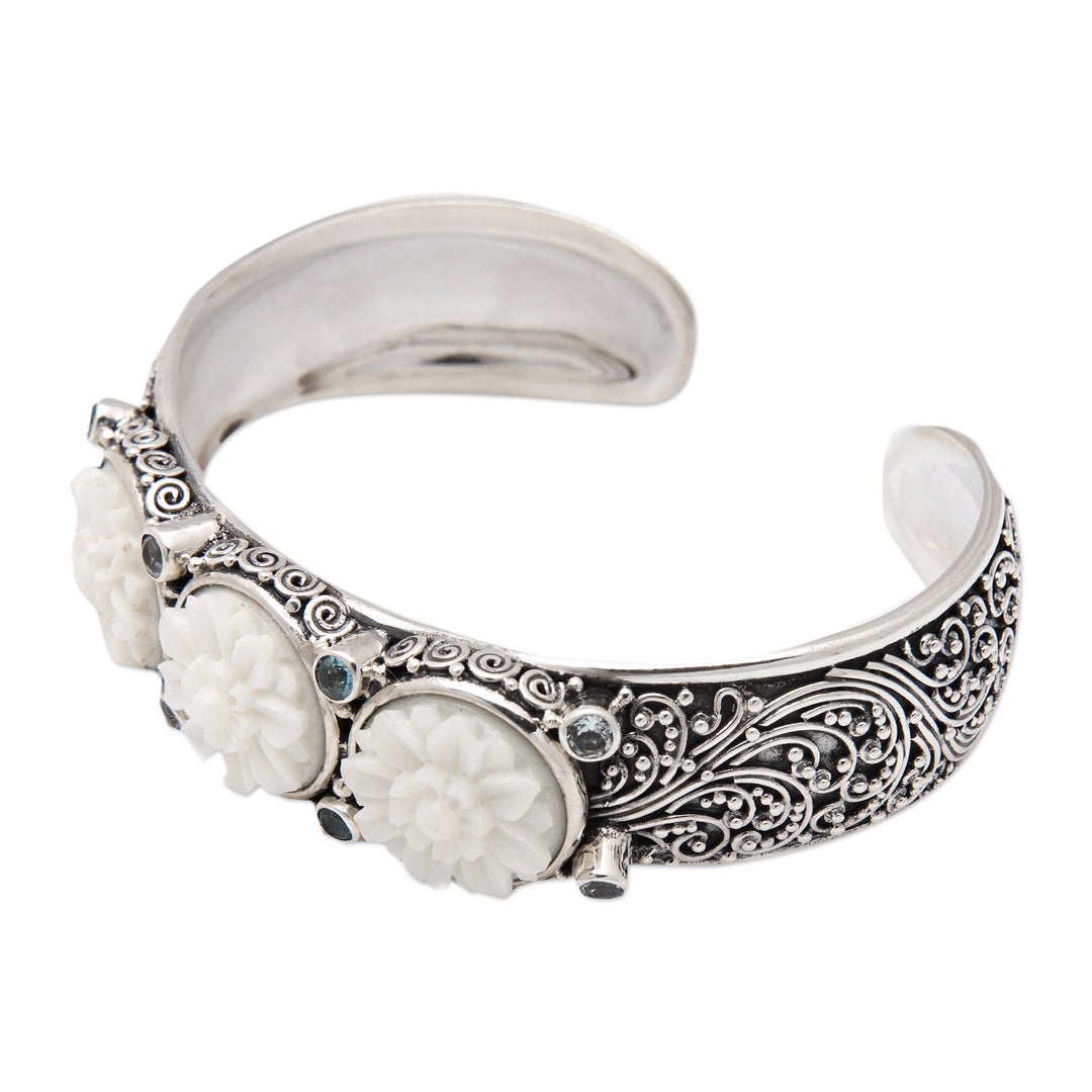 Lotus-Themed Sterling Silver and Blue Topaz Cuff Bracelet - Loyal Lotus for Brahma