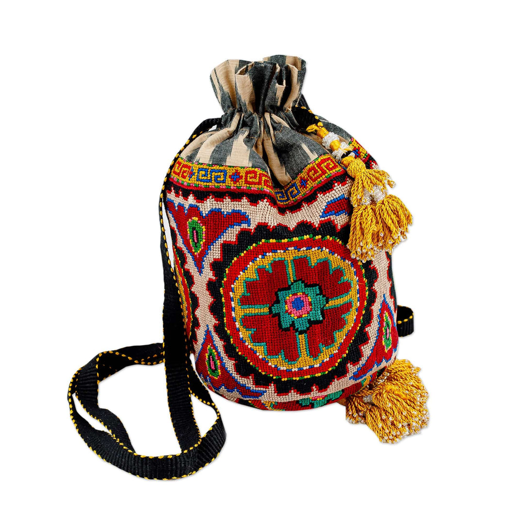 Iroqi Embroidered Floral Silk Drawstring Sling with Tassels - Spring Spirit