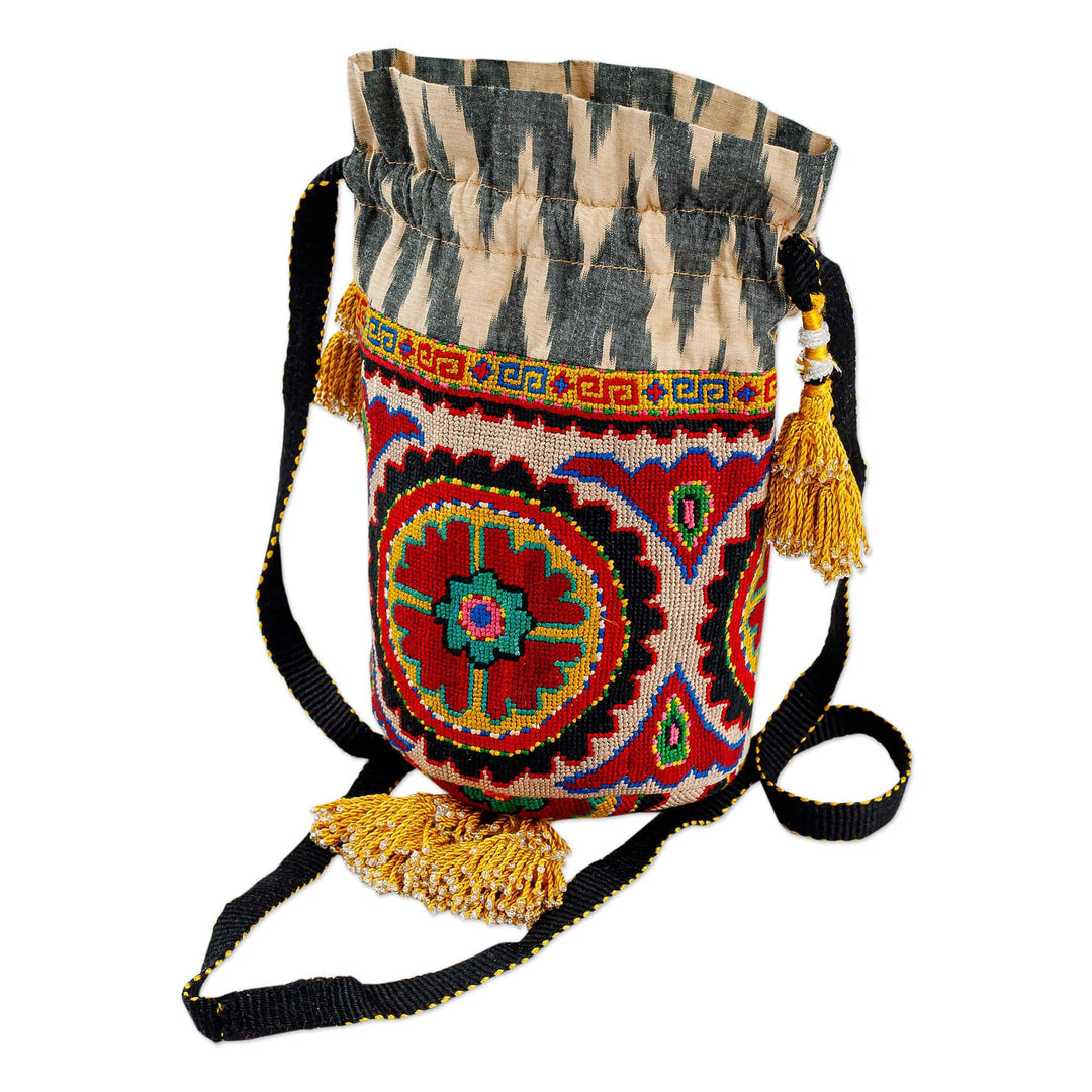 Iroqi Embroidered Floral Silk Drawstring Sling with Tassels - Spring Spirit