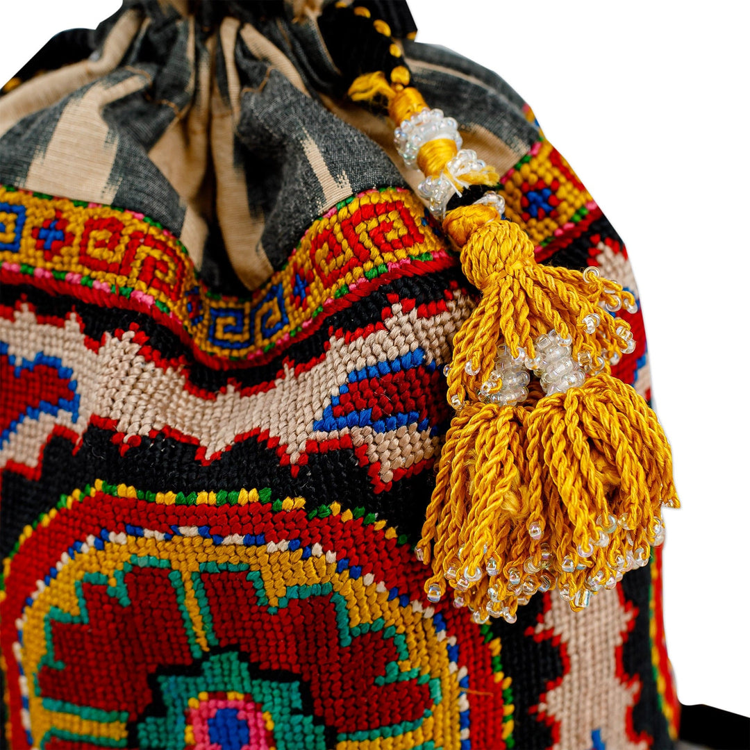 Iroqi Embroidered Floral Silk Drawstring Sling with Tassels - Spring Spirit