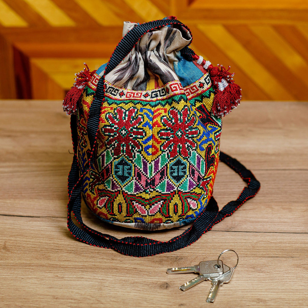 Iroqi Embroidered Silk Drawstring Sling with Tassels - Fantasy Spirit