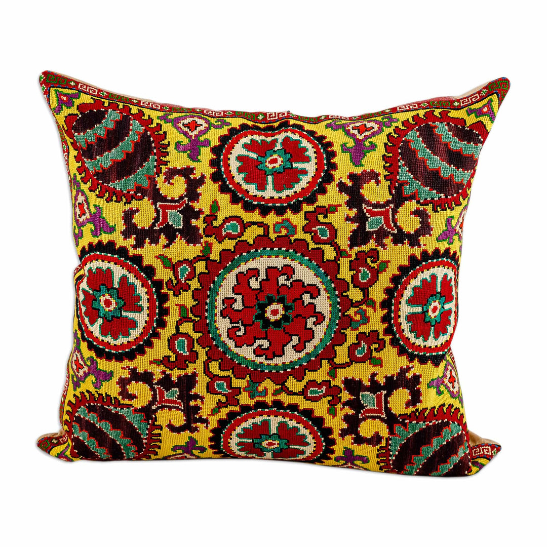 Iroqi Embroidered Floral Silk Cushion Cover in Yellow - Yellow Palace
