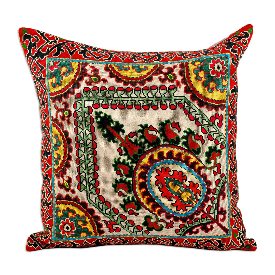 Iroqi Embroidered Silk Cushion Cover in Red and Beige - Palace's Grandeur