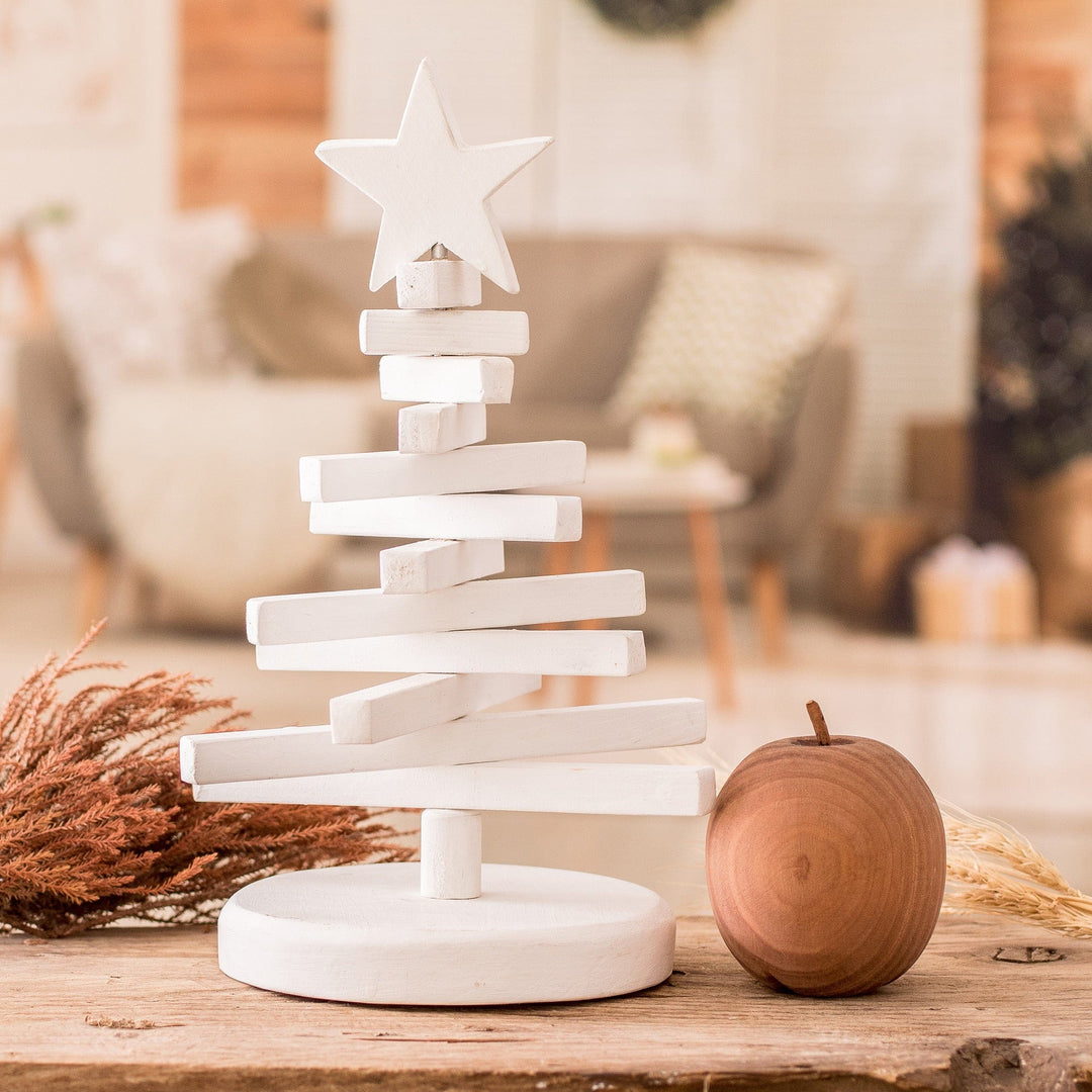 Minimalist White Teak Wood Christmas Tree Holiday Decor - Love & Peace