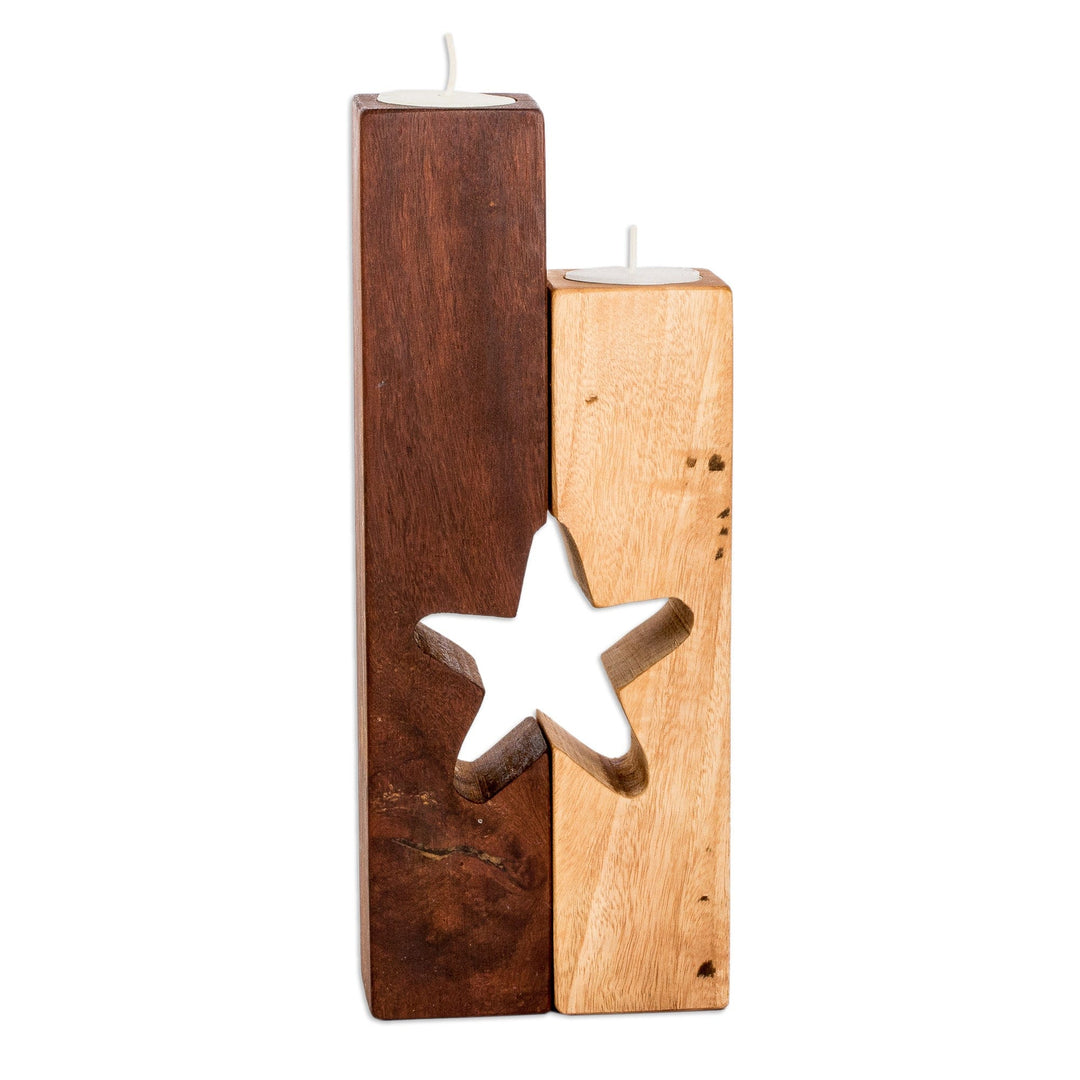 Set of 2 Star-Themed Wood Tealight Candleholders - Star of Unity