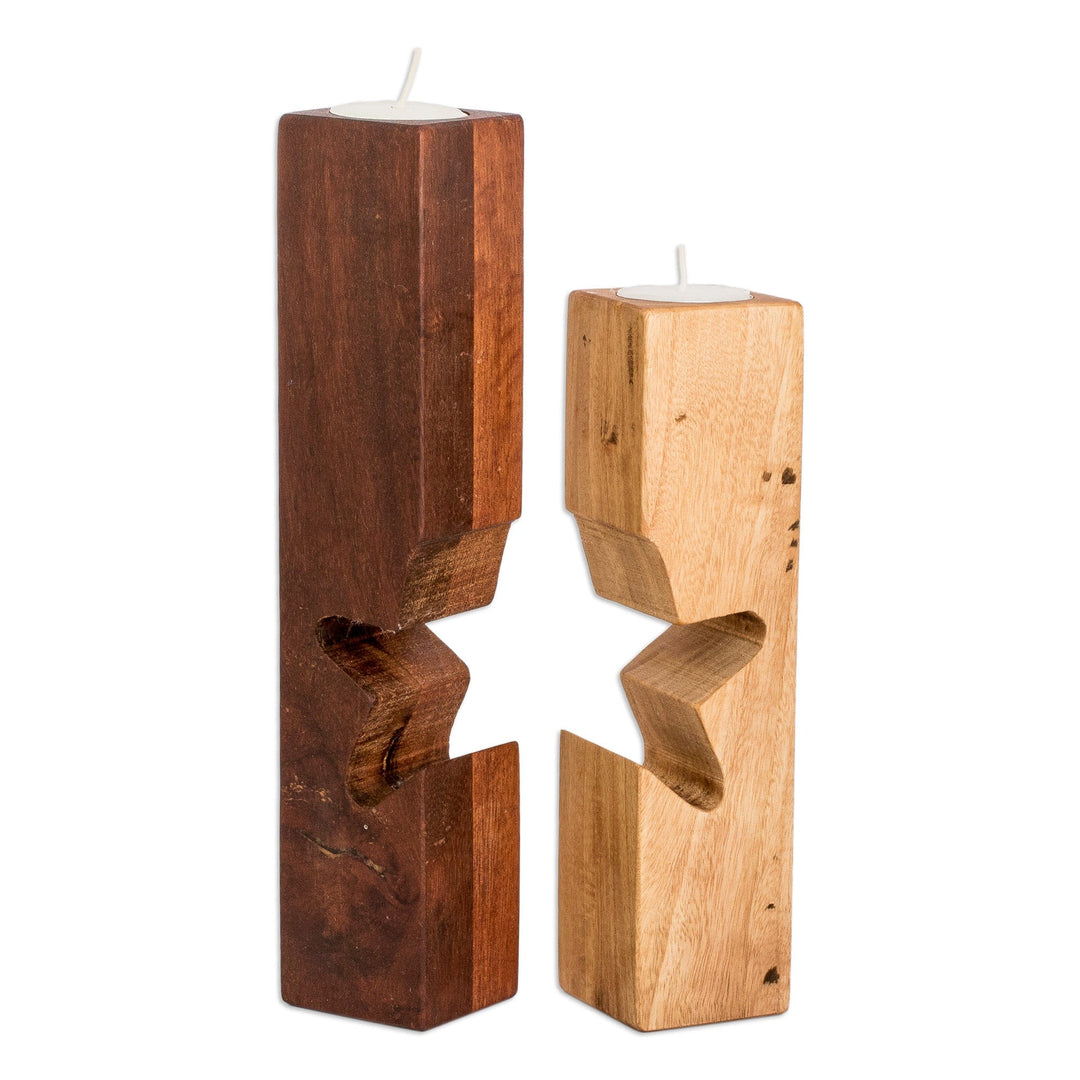 Set of 2 Star-Themed Wood Tealight Candleholders - Star of Unity