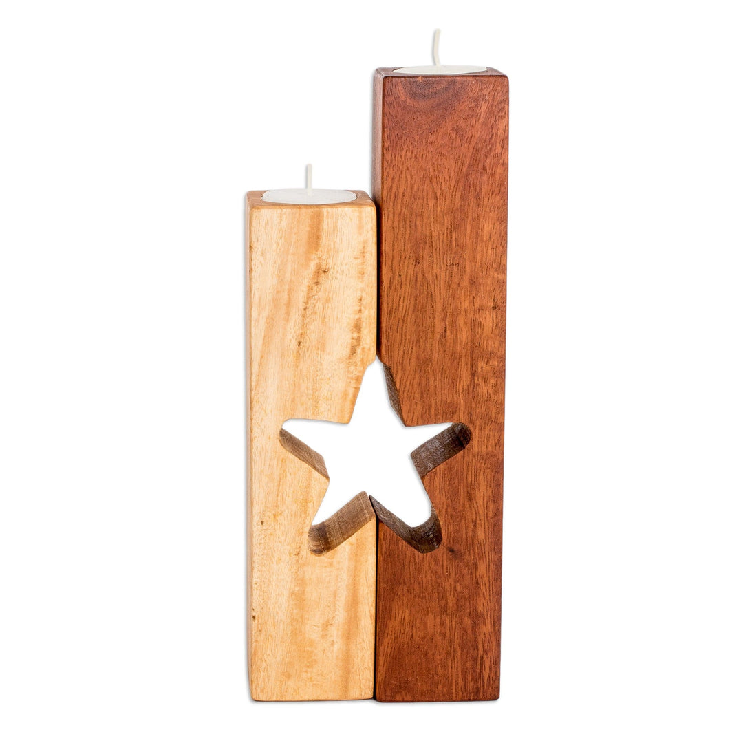 Set of 2 Star-Themed Wood Tealight Candleholders - Star of Unity