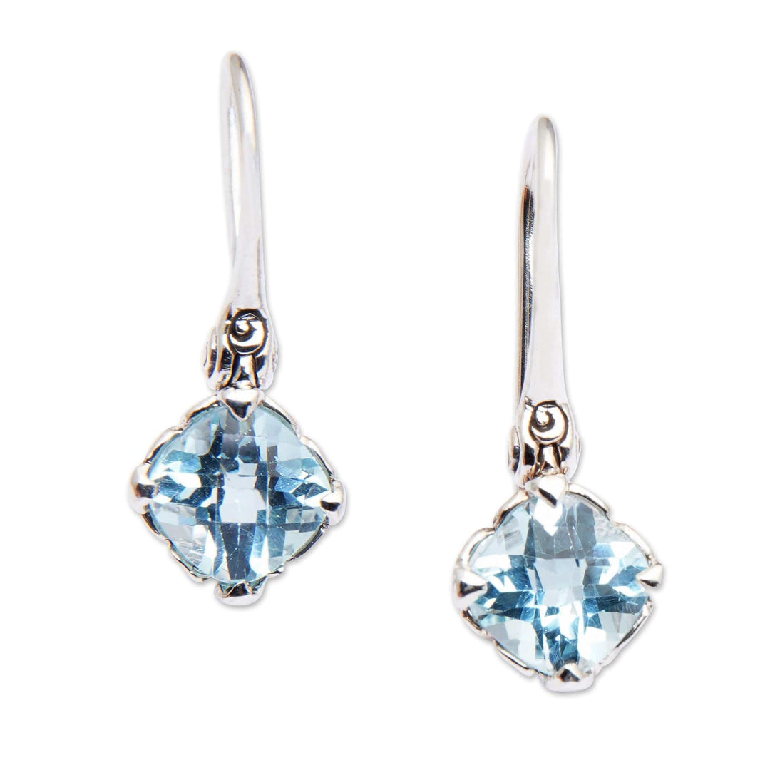 Five-Carat Antique Cushion-Shaped Blue Topaz Dangle Earrings - Celestial Marvel