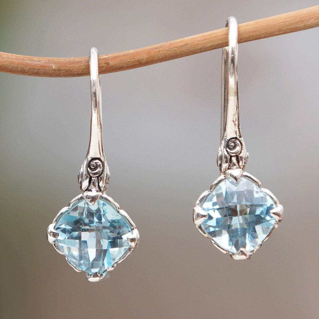 Five-Carat Antique Cushion-Shaped Blue Topaz Dangle Earrings - Celestial Marvel